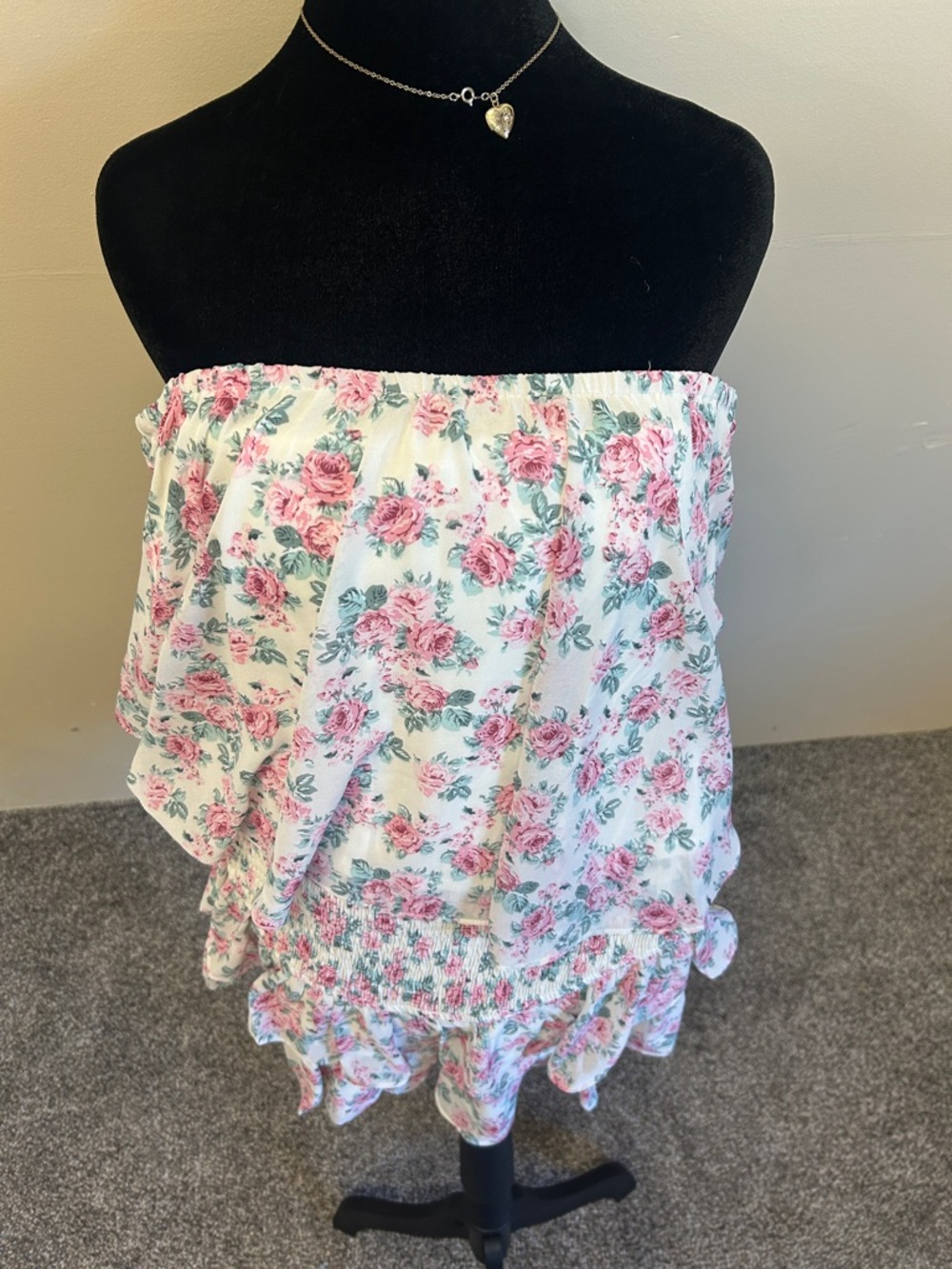 eesome Strapless Floral Romper in White with Pink Roses